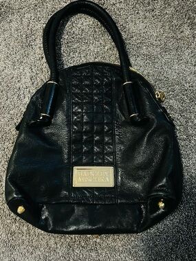 Badgley Mischka Black Quilted Accent Leather Shoulder Bag with Gold Plate